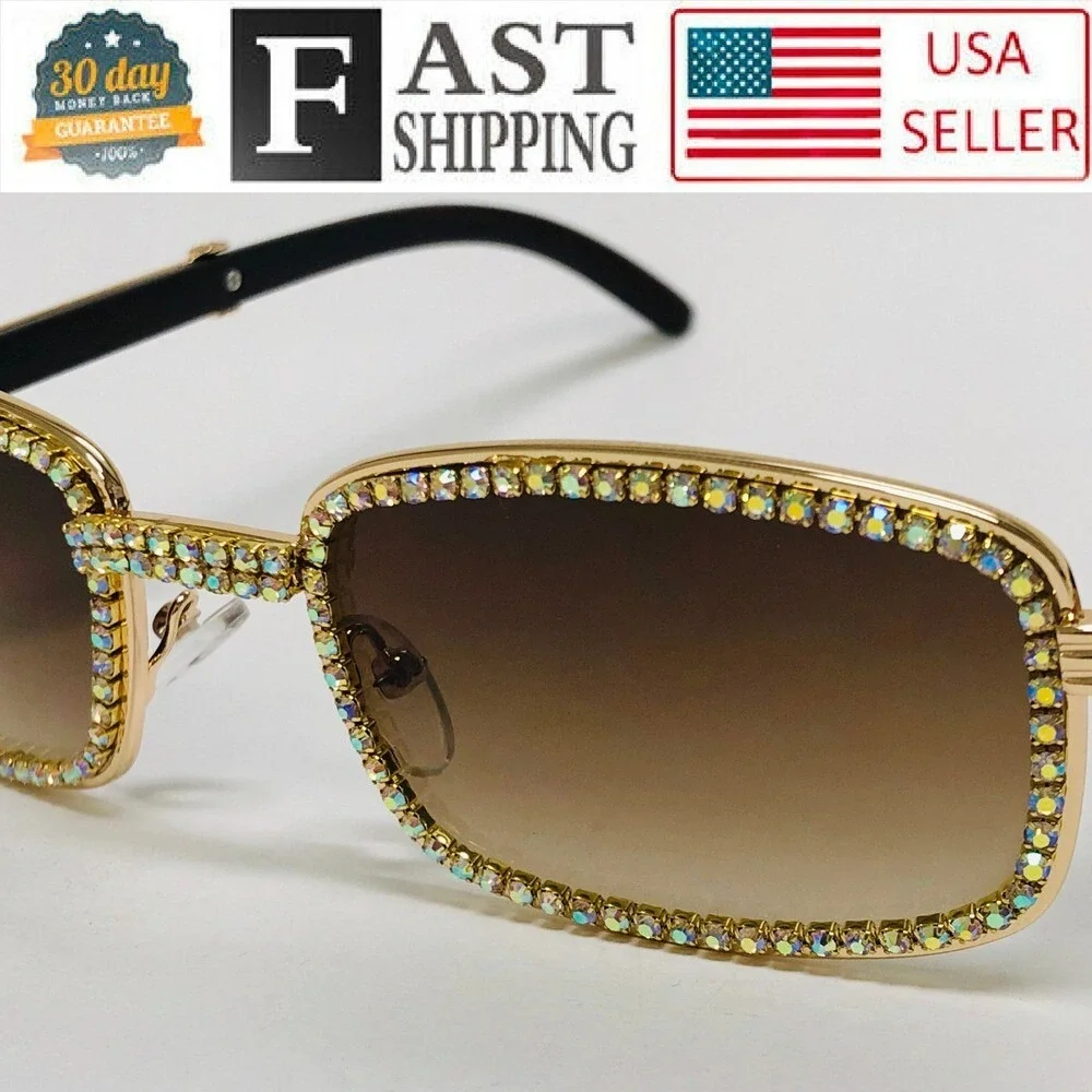 Men Sunglasses Diamond Gold Frame Brown Lens Rectangular Fashion Buffs Woody New